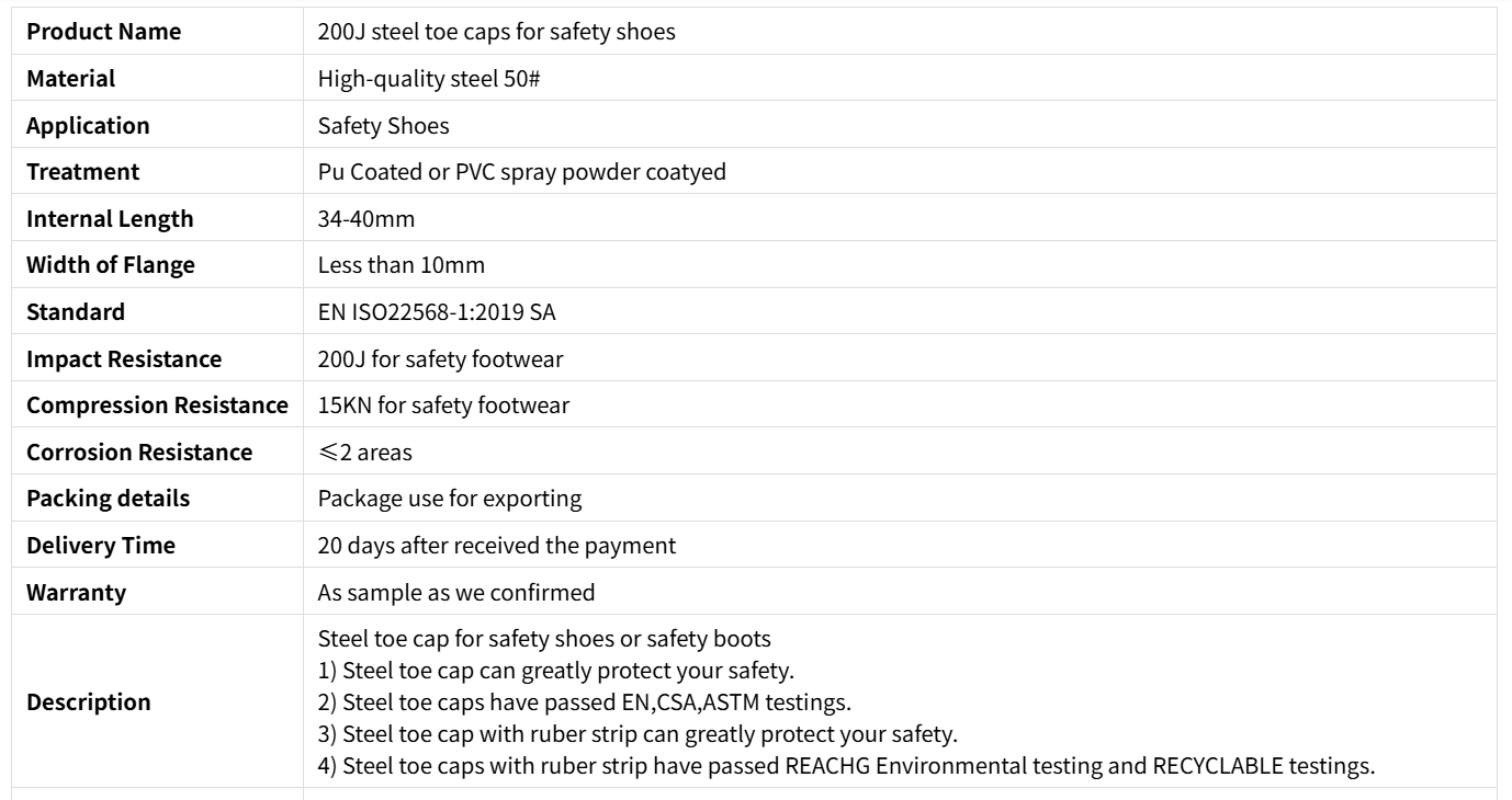 Capi di punta in acciaio 200j per scarpe di sicurezza